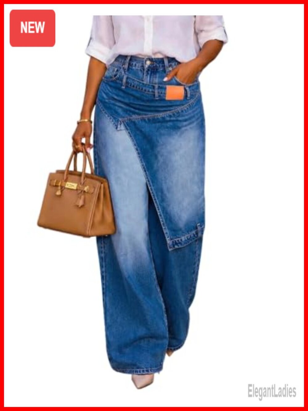 Wide Leg High Rise Jeans Asymmetrical Patchwork Denim Pants